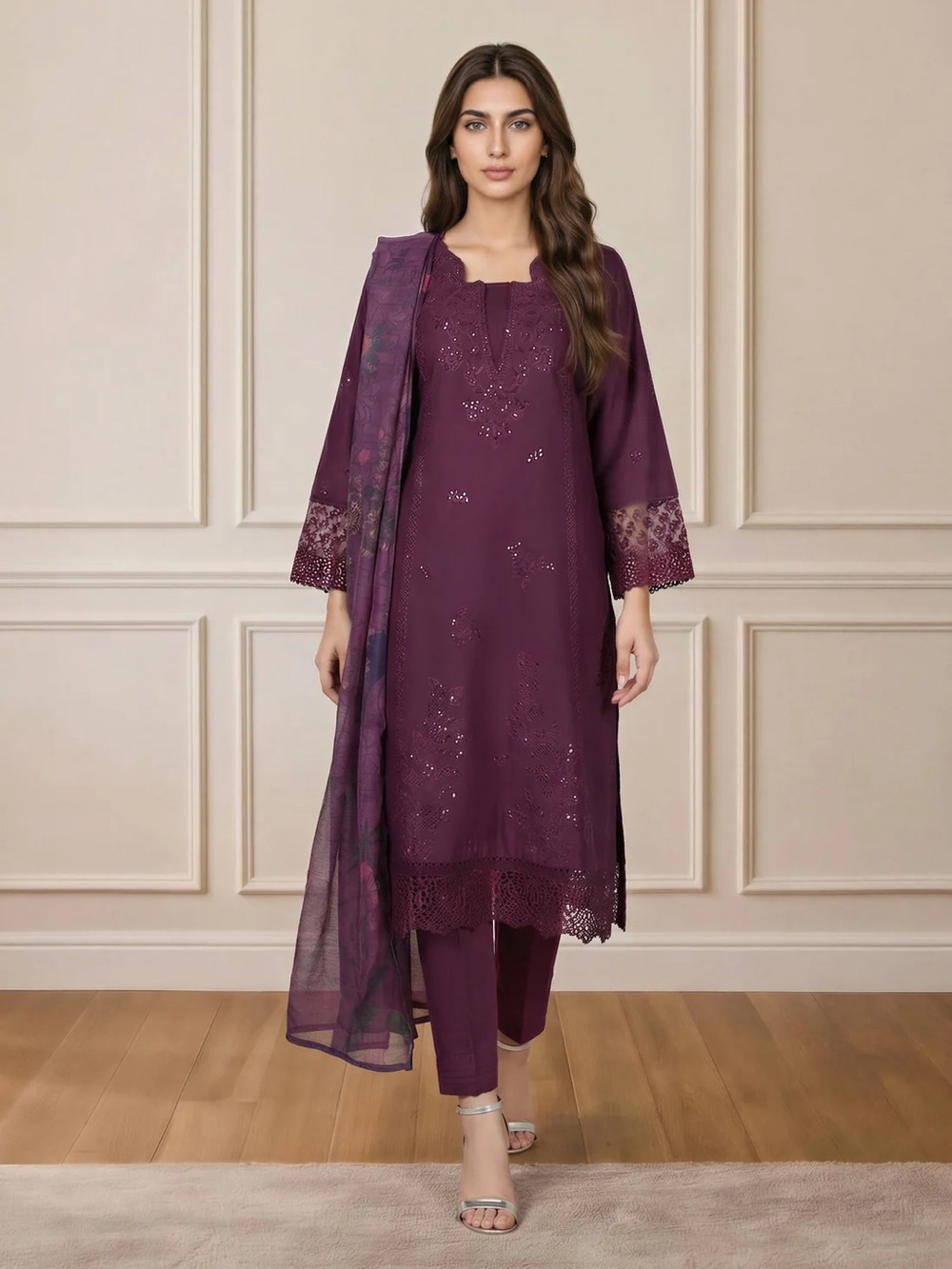 3 Piece Satin Suit- Embroidered
